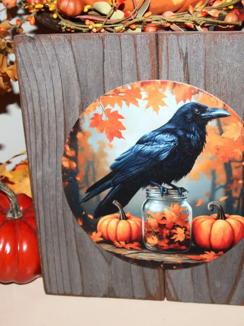 NEW Raven Crow Black Bird Pumpkin Primitive Fall Farmhouse Wall Decor Plaque